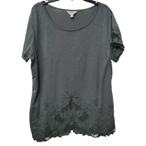 ADIVA Women's Green/Gray Floral Lace Detail Short Sleeve Top Tunic Size L